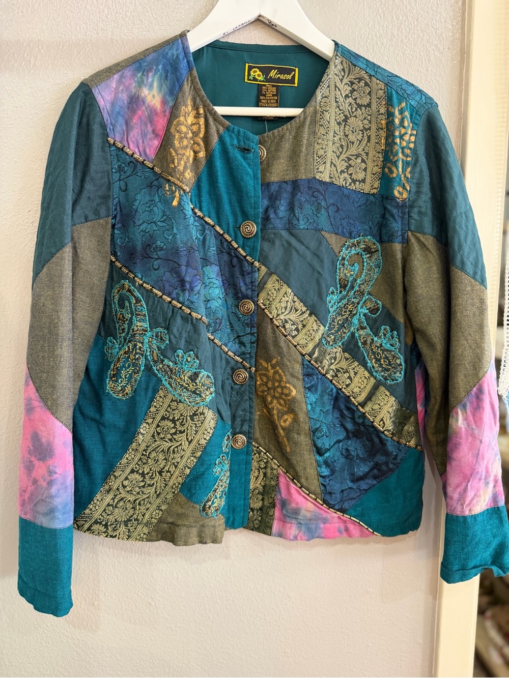 Mirasol Teal Patchwork Embroidered Button-Front Jacket with Pink Accents